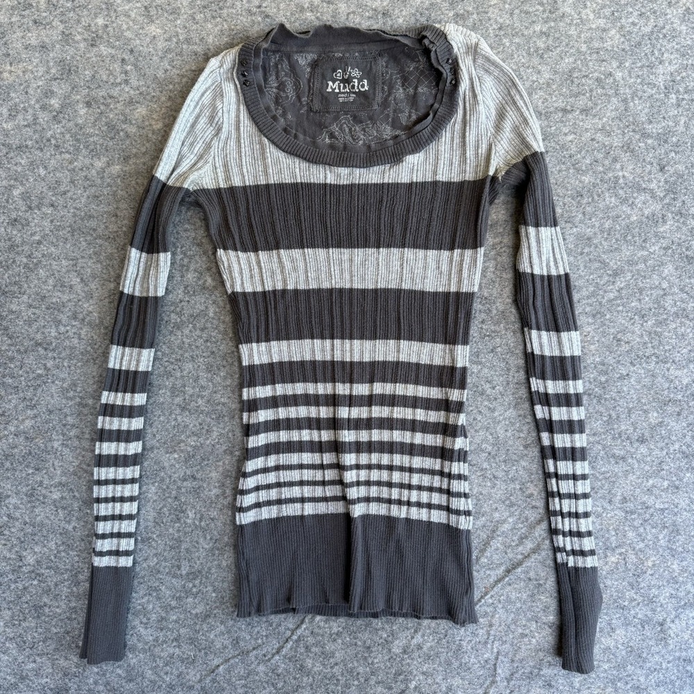 Mudd Sweater Medium M Gray Striped Long Sleeve Top‎ Y2K Grunge Academia 90s